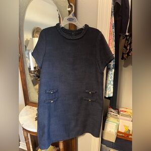 Navy Short Sleeve Dress with Button Accents